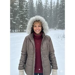 Columbia Womens Sparks Lake Thermal Coil Puffer Jacket Brown w/ Faux Fur Hood L